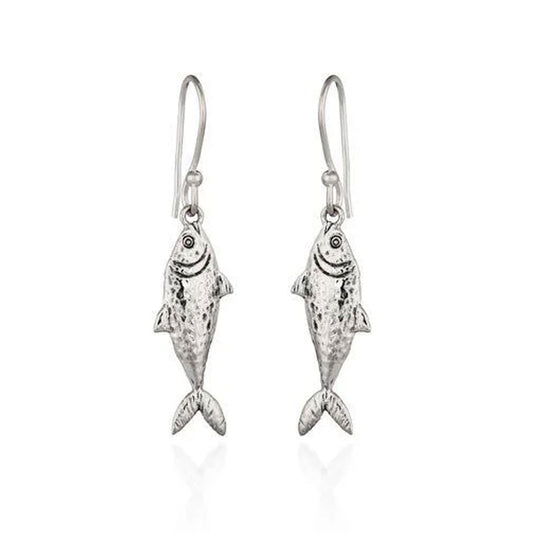 A pair of silver fish drop earrings with textured, hammered finishes and hook backings, shown on a clean white background.