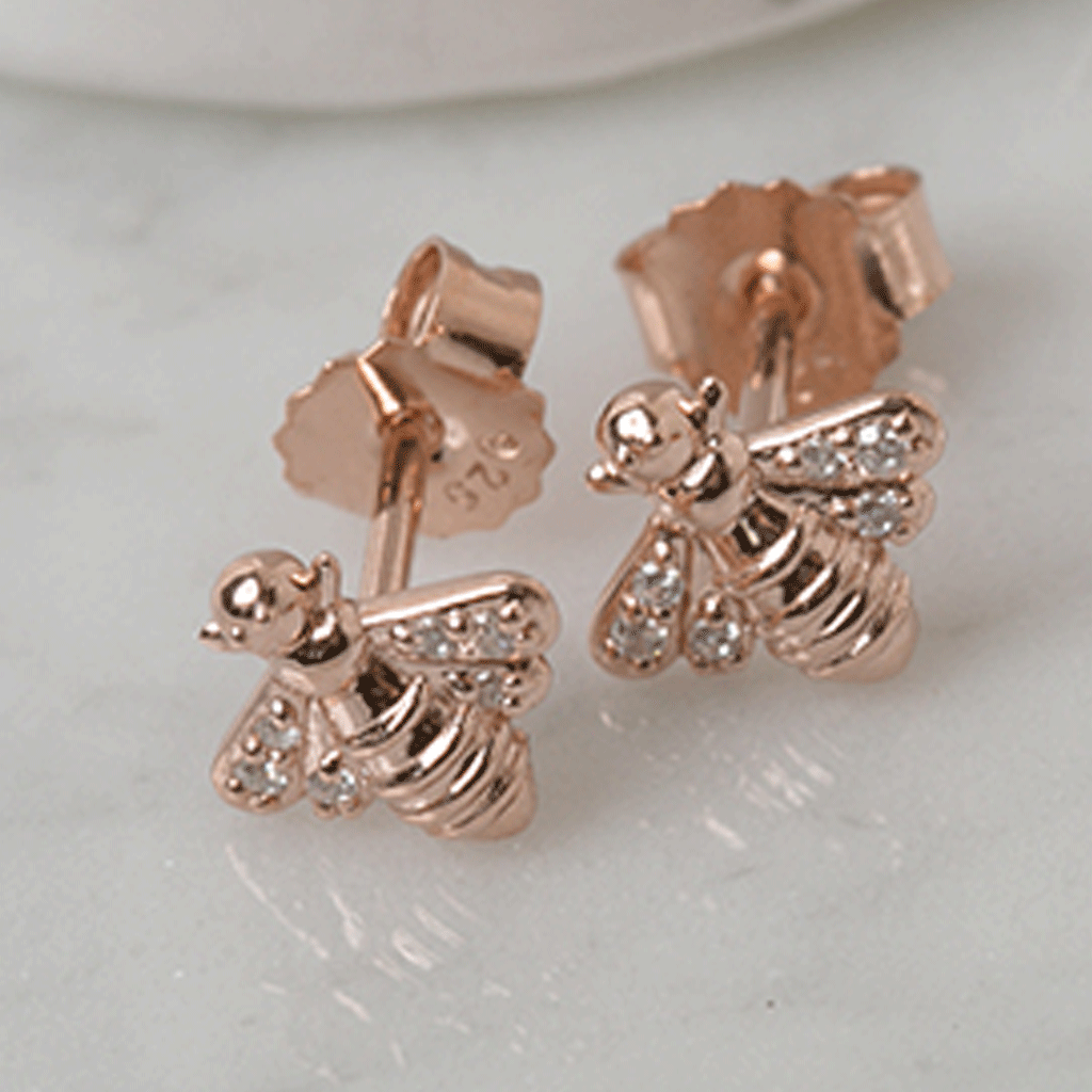 Sparkly Bee Earrings Rose Gold - Cotswold Jewellery