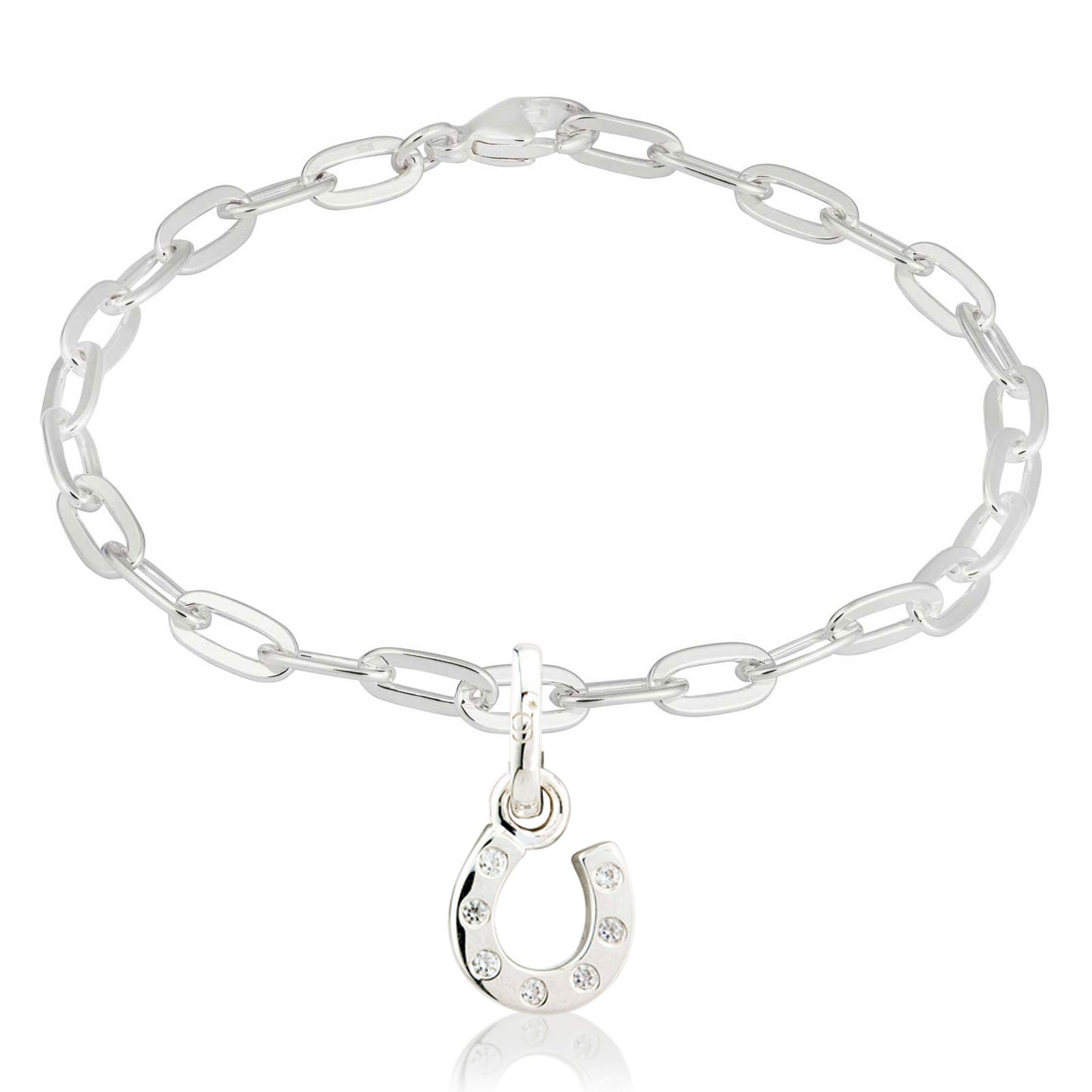Silver chain bracelet with a horseshoe charm on a white background