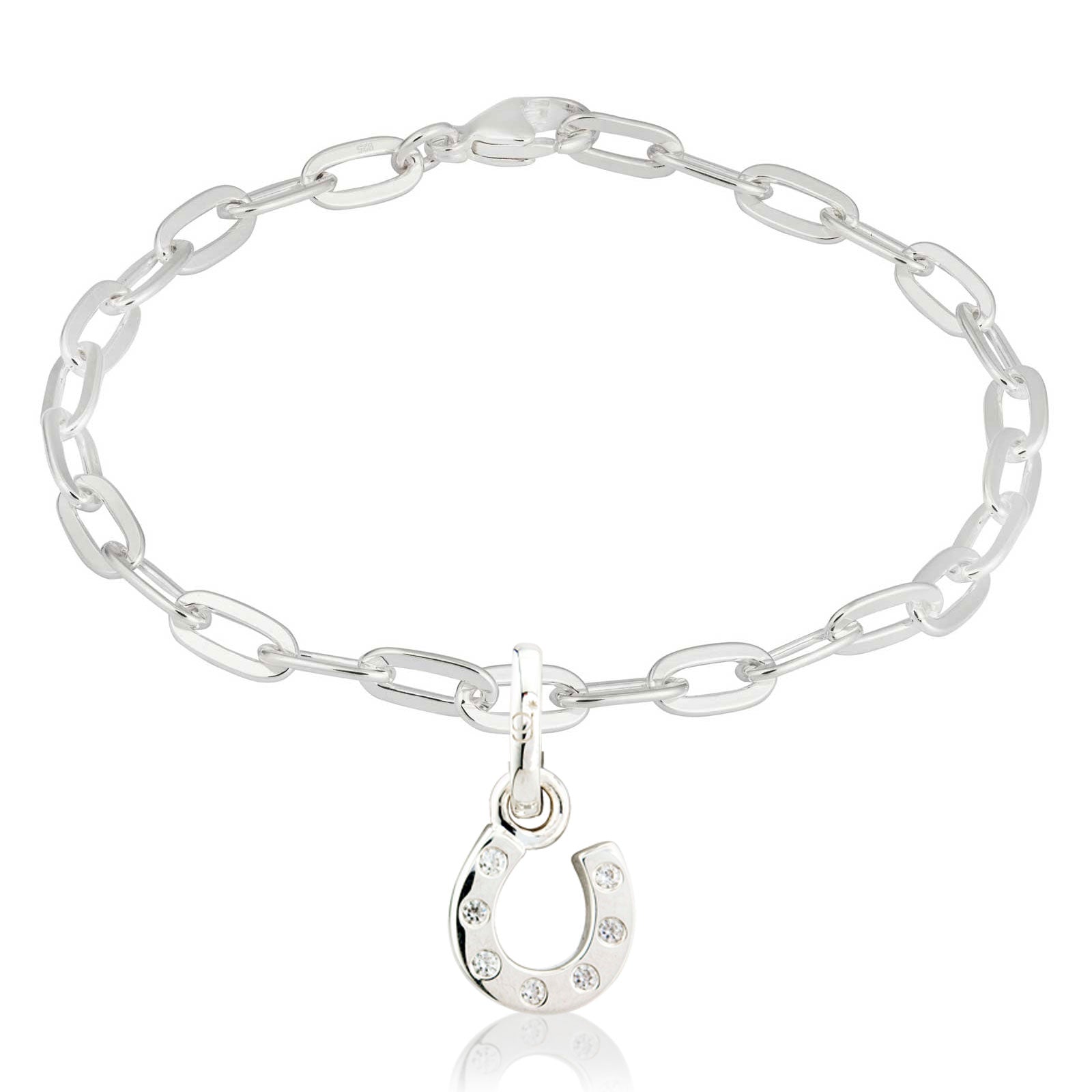 Silver chain bracelet with a horseshoe charm on a white background