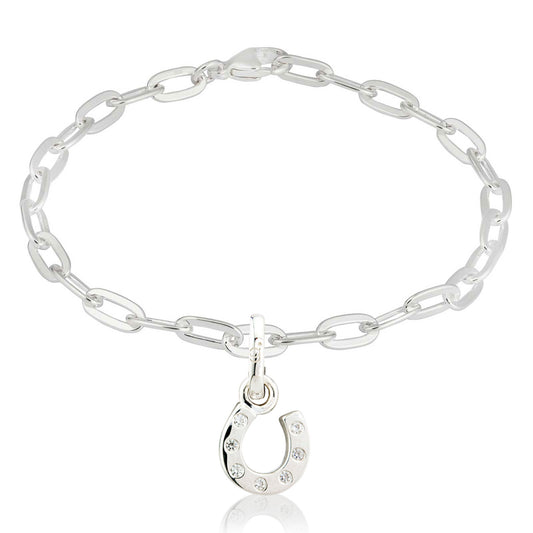 Silver chain bracelet with a horseshoe charm on a white background