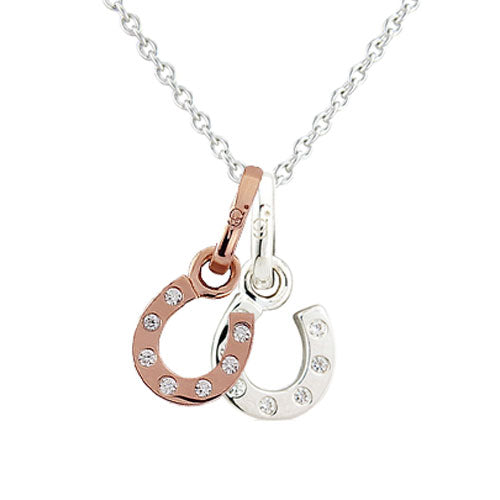Two horse shoe shaped pendants on a chain against a white background