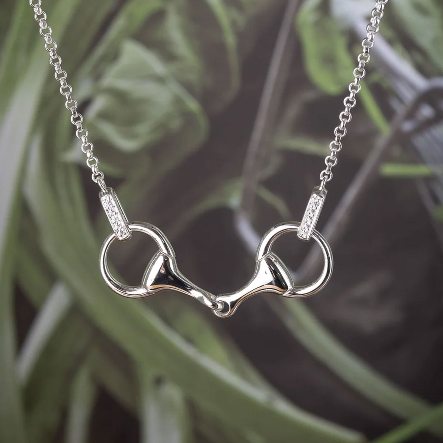 Silver necklace with a horse bit pendant against a blurred green plant background