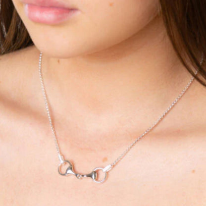 Silver necklace on a person's neck with a blurred background