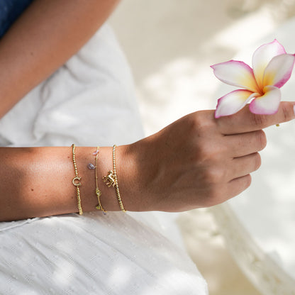 Hand wearing gold bracelets holding a pink and white flower against a blurred natural background