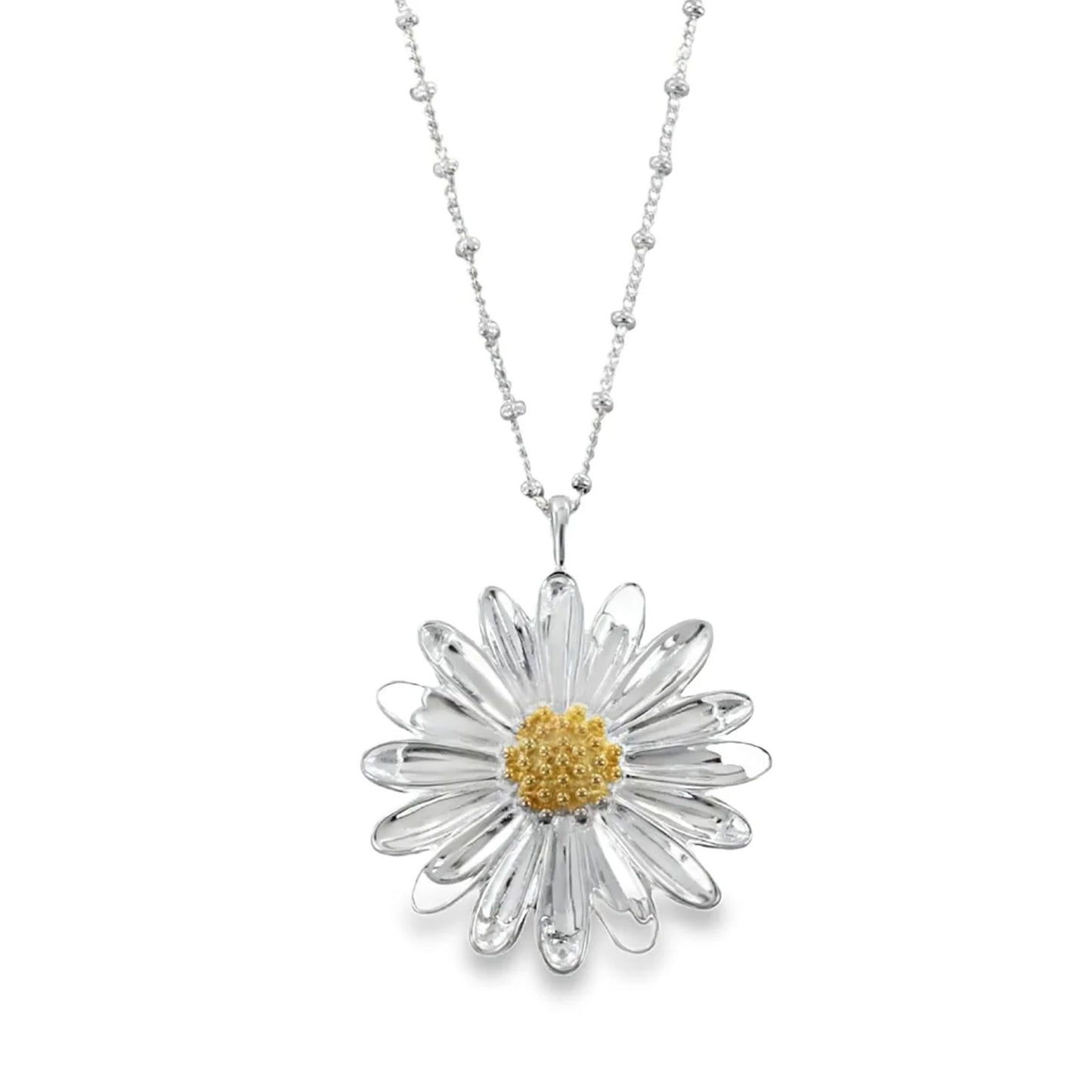 A silver daisy pendant necklace with a textured yellow center, suspended from a delicate silver beaded chain against a white background.