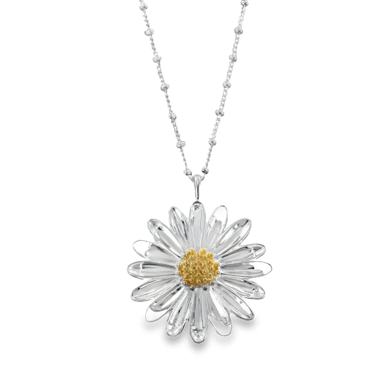 A silver daisy pendant necklace with a textured yellow center, suspended from a delicate silver beaded chain against a white background.