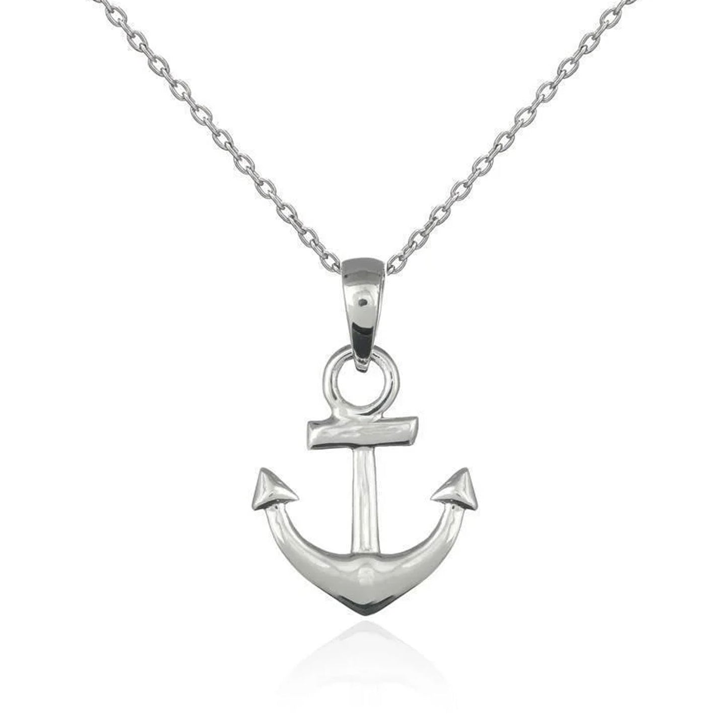 A polished silver anchor pendant necklace on a matching silver cable chain, shown against a plain white background with a subtle reflection below.