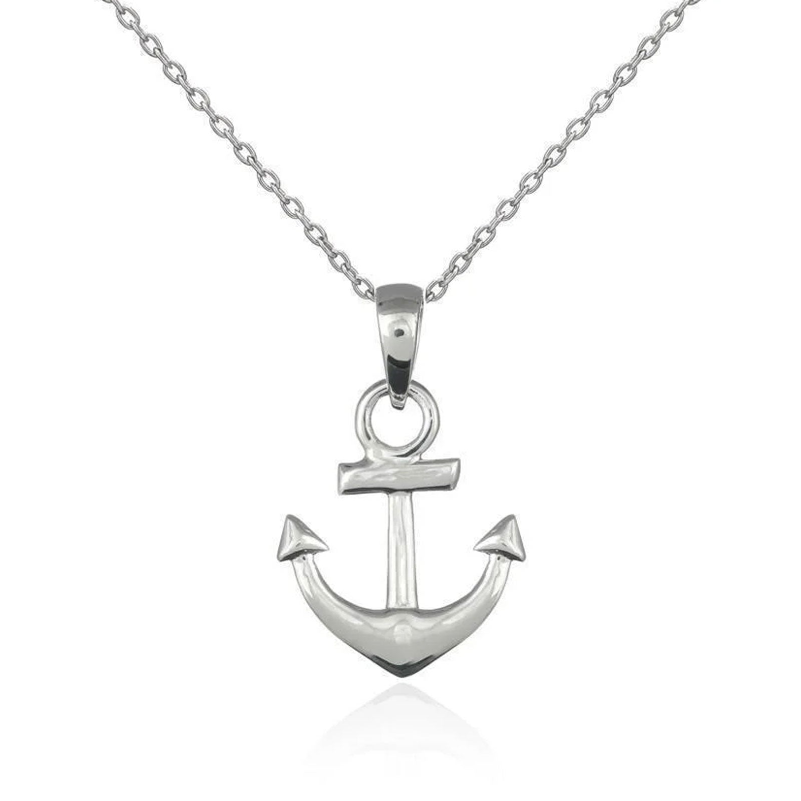 A polished silver anchor pendant necklace on a matching silver cable chain, shown against a plain white background with a subtle reflection below.