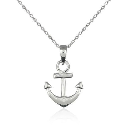 A polished silver anchor pendant necklace on a matching silver cable chain, shown against a plain white background with a subtle reflection below.
