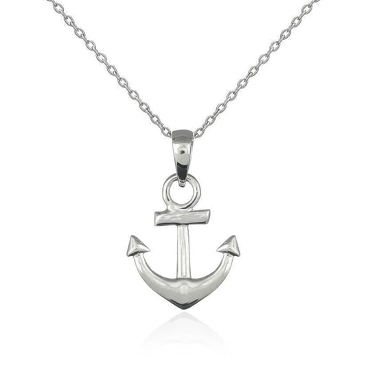A polished silver anchor pendant necklace on a matching silver cable chain, shown against a plain white background with a subtle reflection below.