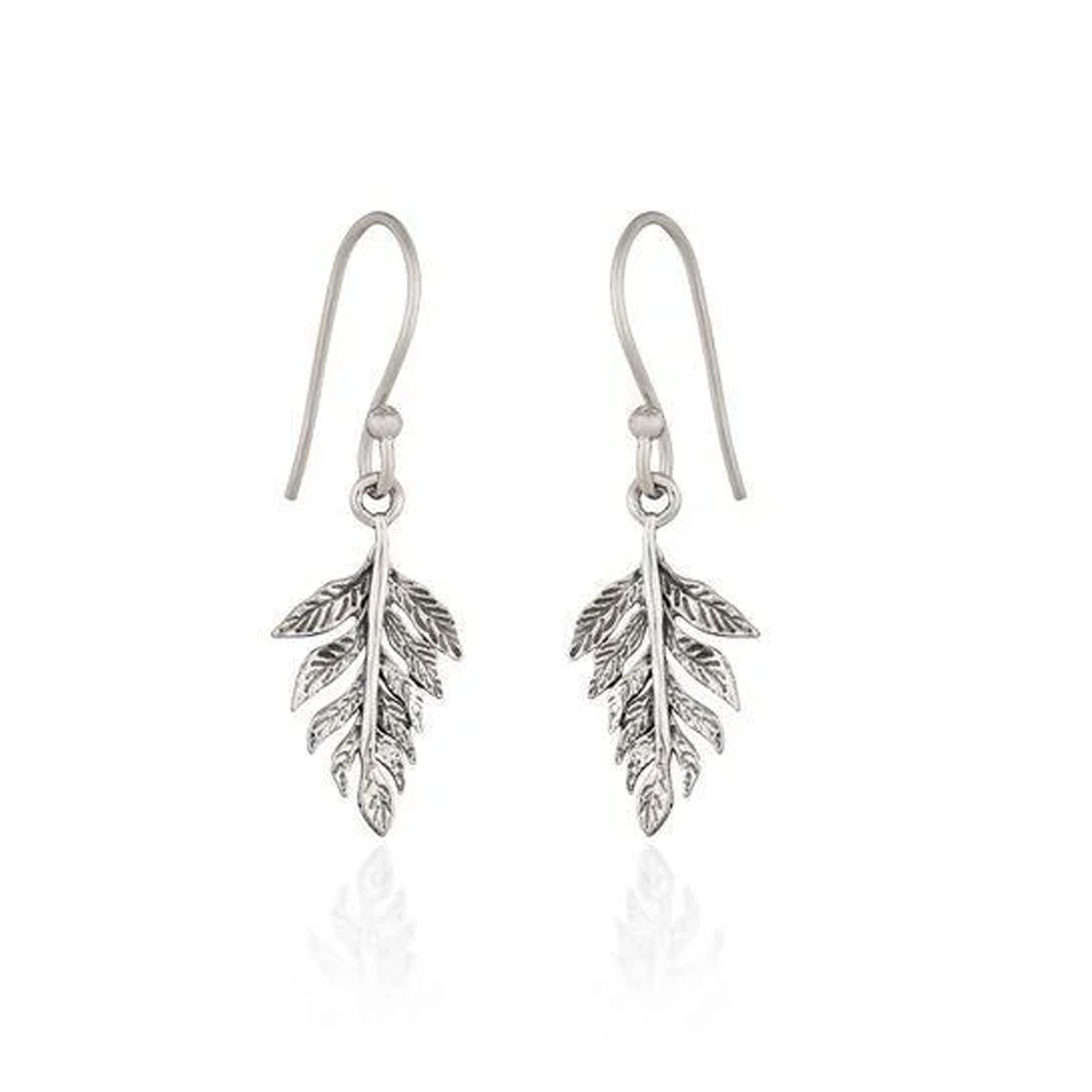A pair of sterling silver leaf drop earrings with textured, antiqued detailing and fishhook wires, shown on a clean white background with a soft reflection below.