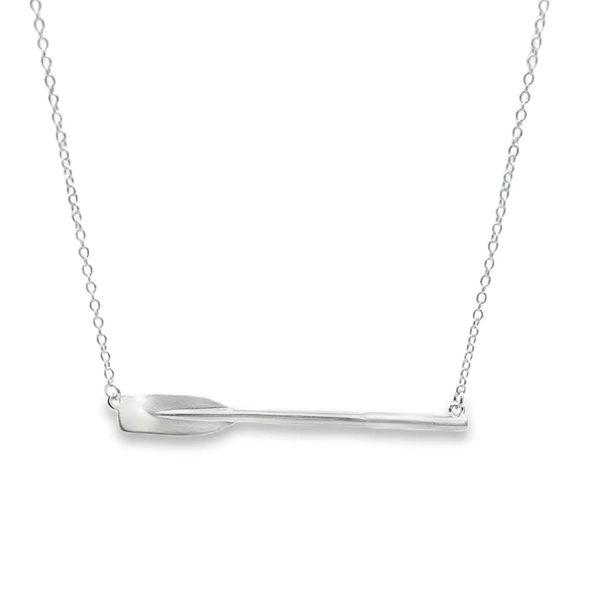 A silver oar / blade rowing necklace on a delicate silver chain, shown against a plain white background.