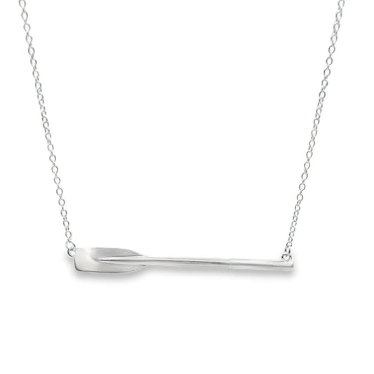 A silver oar / blade rowing necklace on a delicate silver chain, shown against a plain white background.