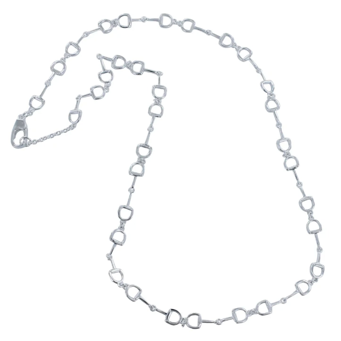 A silver-toned horse-bit chain necklace with alternating oval and heart-shaped links, featuring a lobster clasp closure, displayed on a clean white background.