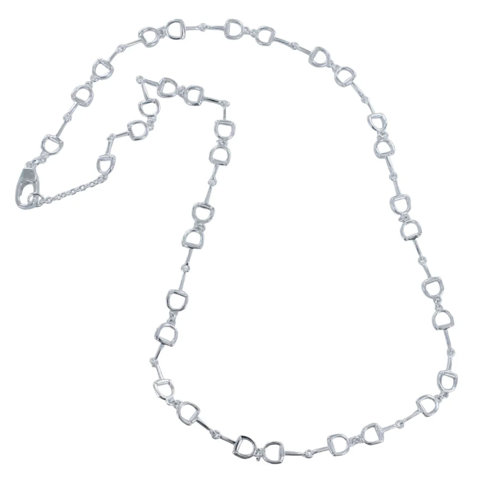 A silver-toned horse-bit chain necklace with alternating oval and heart-shaped links, featuring a lobster clasp closure, displayed on a clean white background.