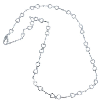 A silver-toned horse-bit chain necklace with alternating oval and heart-shaped links, featuring a lobster clasp closure, displayed on a clean white background.