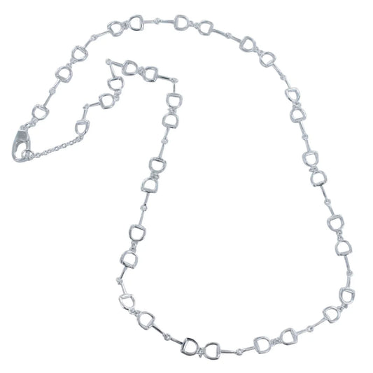 A silver-toned horse-bit chain necklace with alternating oval and heart-shaped links, featuring a lobster clasp closure, displayed on a clean white background.