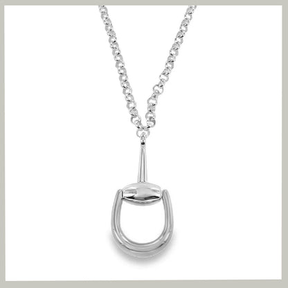 A polished silver-tone horse bit necklace with a curb bit pendant on a fine curb chain, shown against a plain white background.