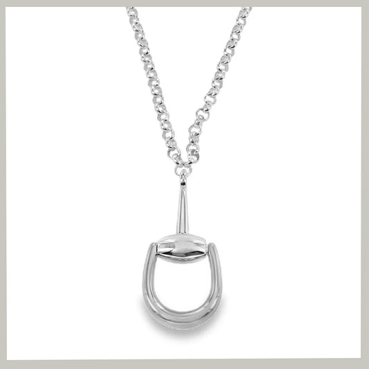 A polished silver-tone horse bit necklace with a curb bit pendant on a fine curb chain, shown against a plain white background.