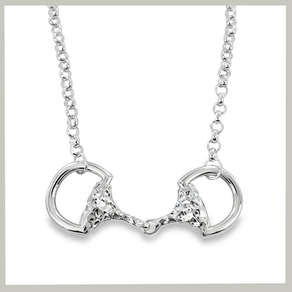 A silver horse bit pendant necklace on a matching link chain, displayed against a clean white background.