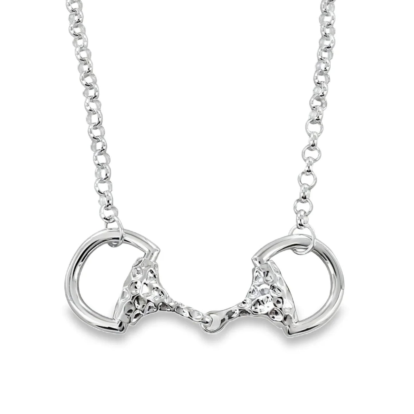 A silver horse bit pendant necklace on a matching silver chain, shown against a plain white background.