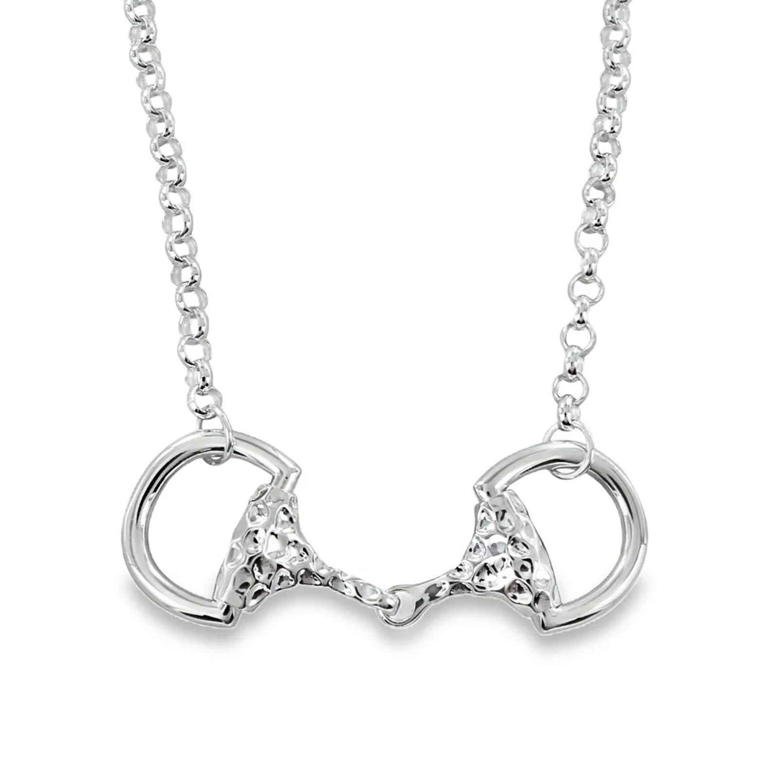 A silver horse bit pendant necklace on a matching silver chain, shown against a plain white background.