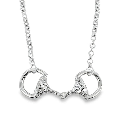 A silver horse bit pendant necklace on a matching silver chain, shown against a plain white background.