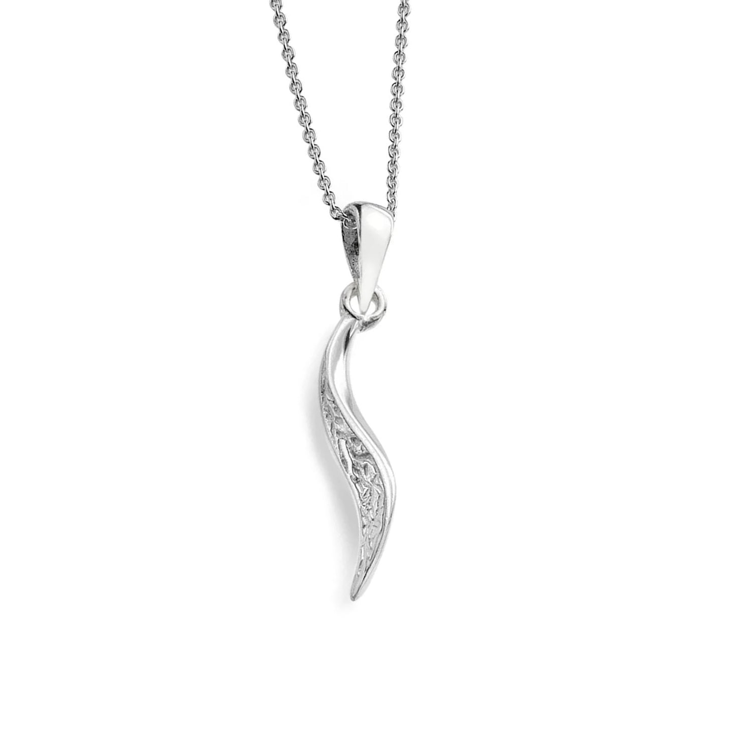 A silver pendant necklace featuring a curved, wave-like charm with delicate filigree detailing on one side, suspended from a fine silver ball chain against a plain white background.