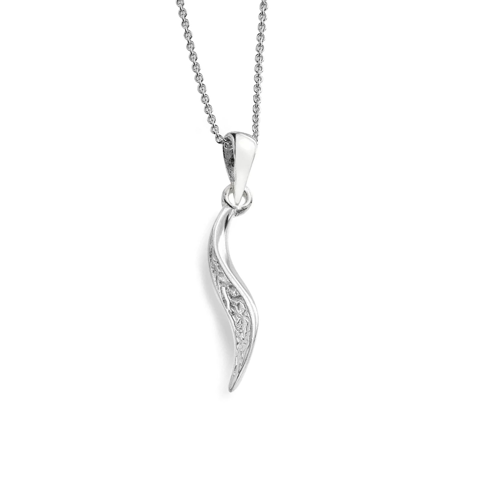 A silver pendant necklace featuring a curved, wave-like charm with delicate filigree detailing on one side, suspended from a fine silver ball chain against a plain white background.