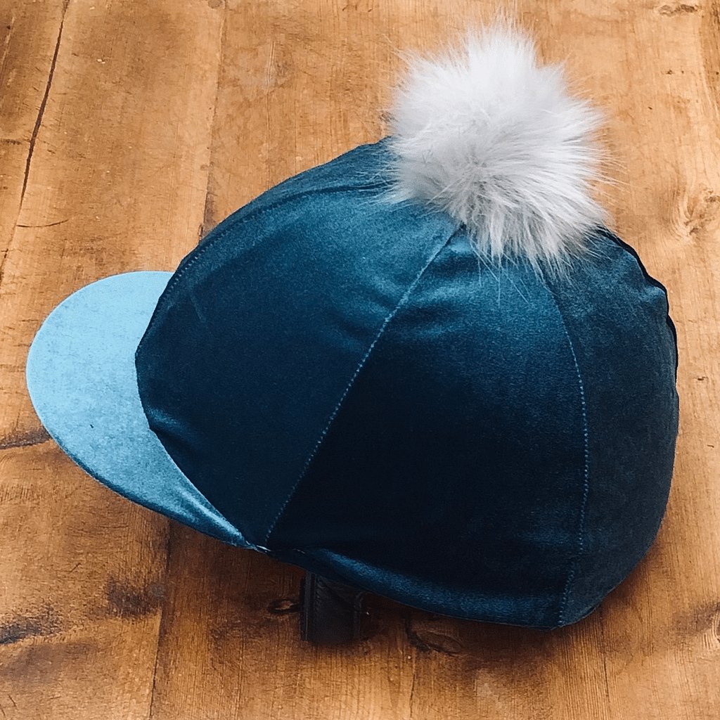 Teal Velour Riding Hat Cover Faux Fur Pom Pom - Cotswold Jewellery