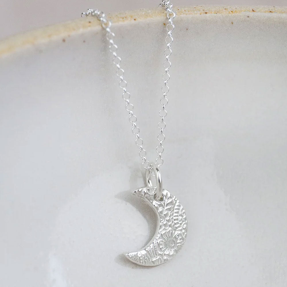 Textured Small Moon Sterling Silver Necklace - Cotswold Jewellery