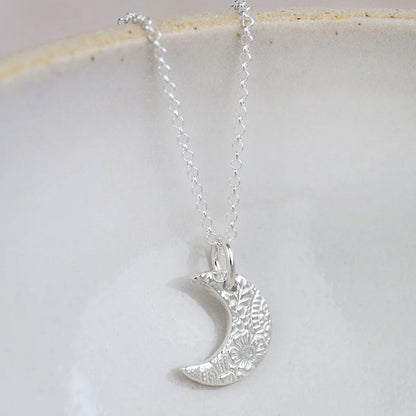 Textured Small Moon Sterling Silver Necklace - Cotswold Jewellery