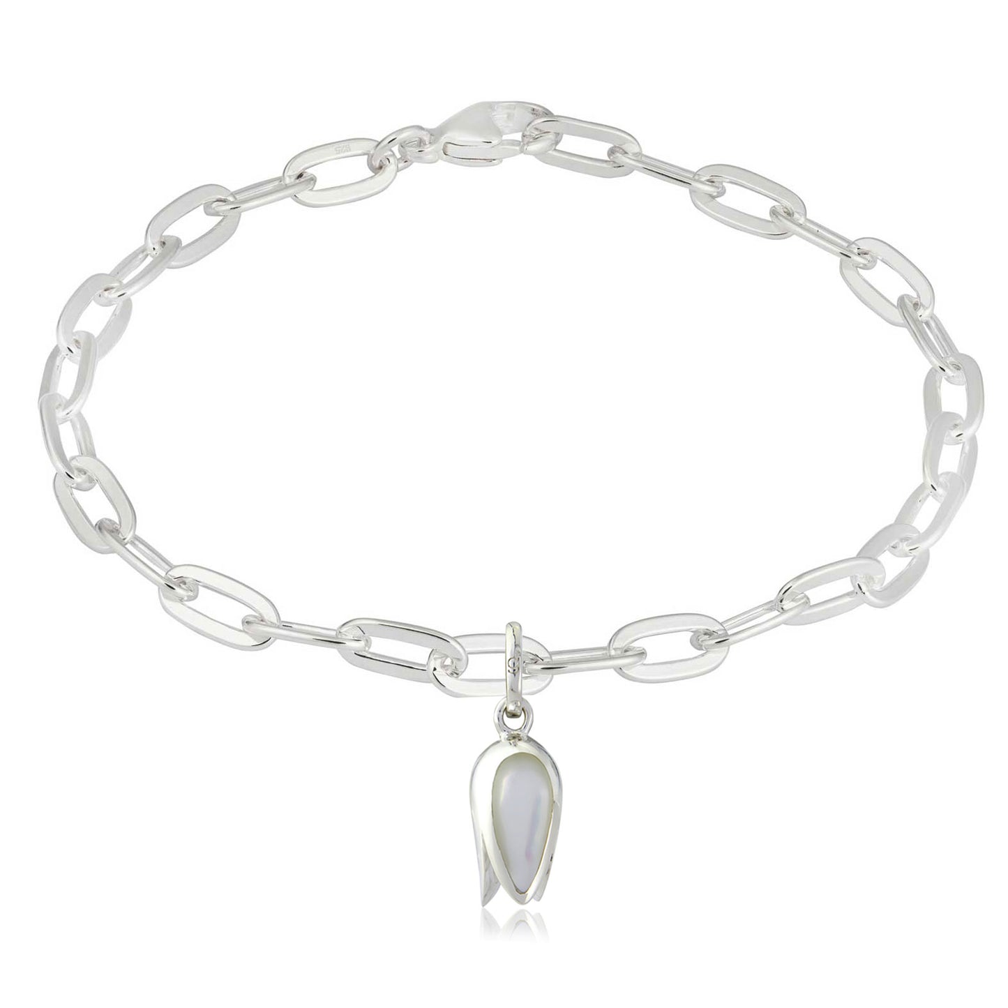 Silver bracelet with a tulip-shaped charm on a white background