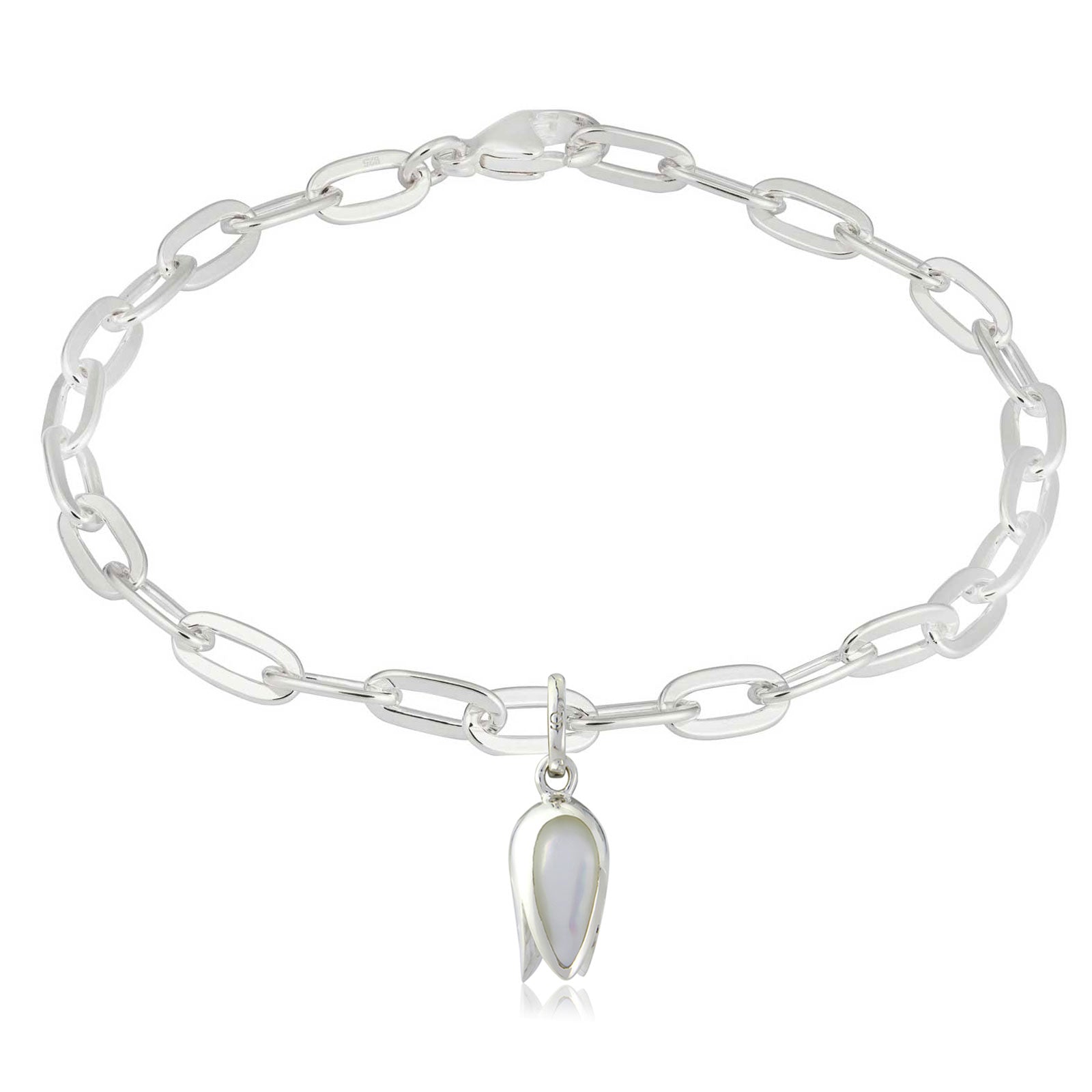 Silver bracelet with a tulip-shaped charm on a white background