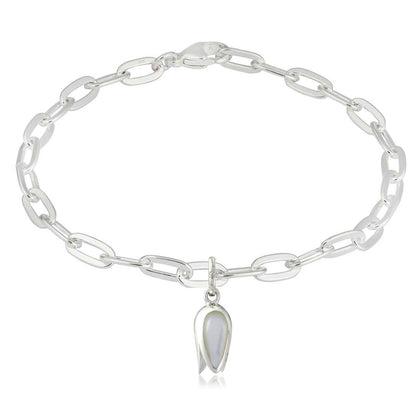 Silver bracelet with a tulip-shaped charm on a white background