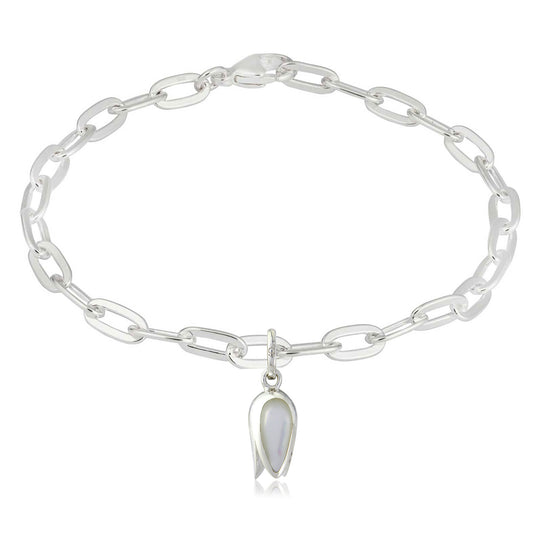 Silver bracelet with a tulip-shaped charm on a white background