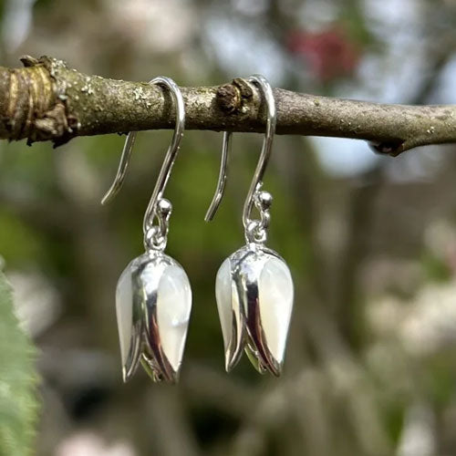 Silver tulip-shaped earrings hanging from a branch with a natural background
