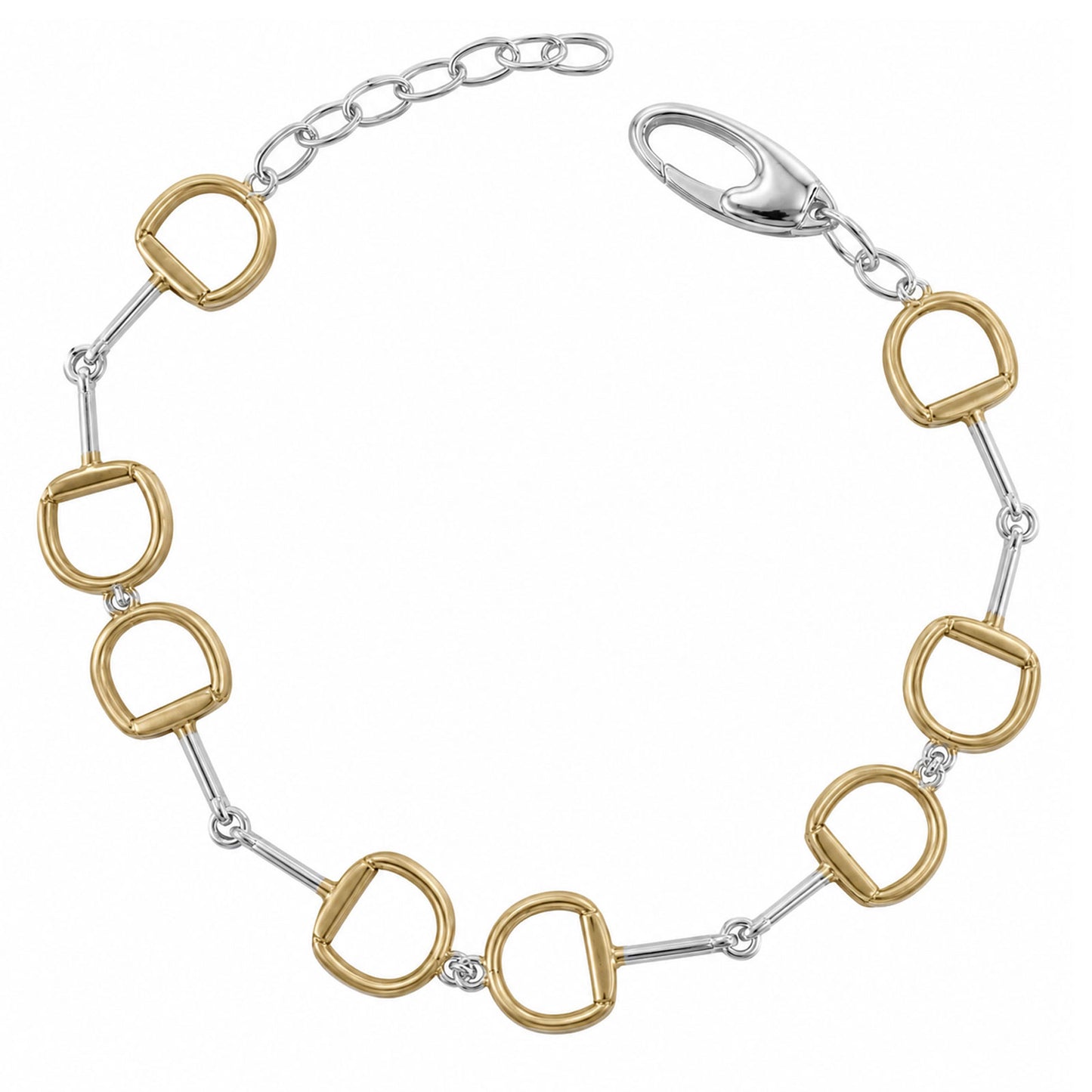 A two-tone equestrian link bracelet featuring gold and silver horse bit links, a lobster clasp, and an extender chain, shown on a plain white background.