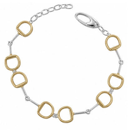 A two-tone equestrian link bracelet featuring gold and silver horse bit links, a lobster clasp, and an extender chain, shown on a plain white background.