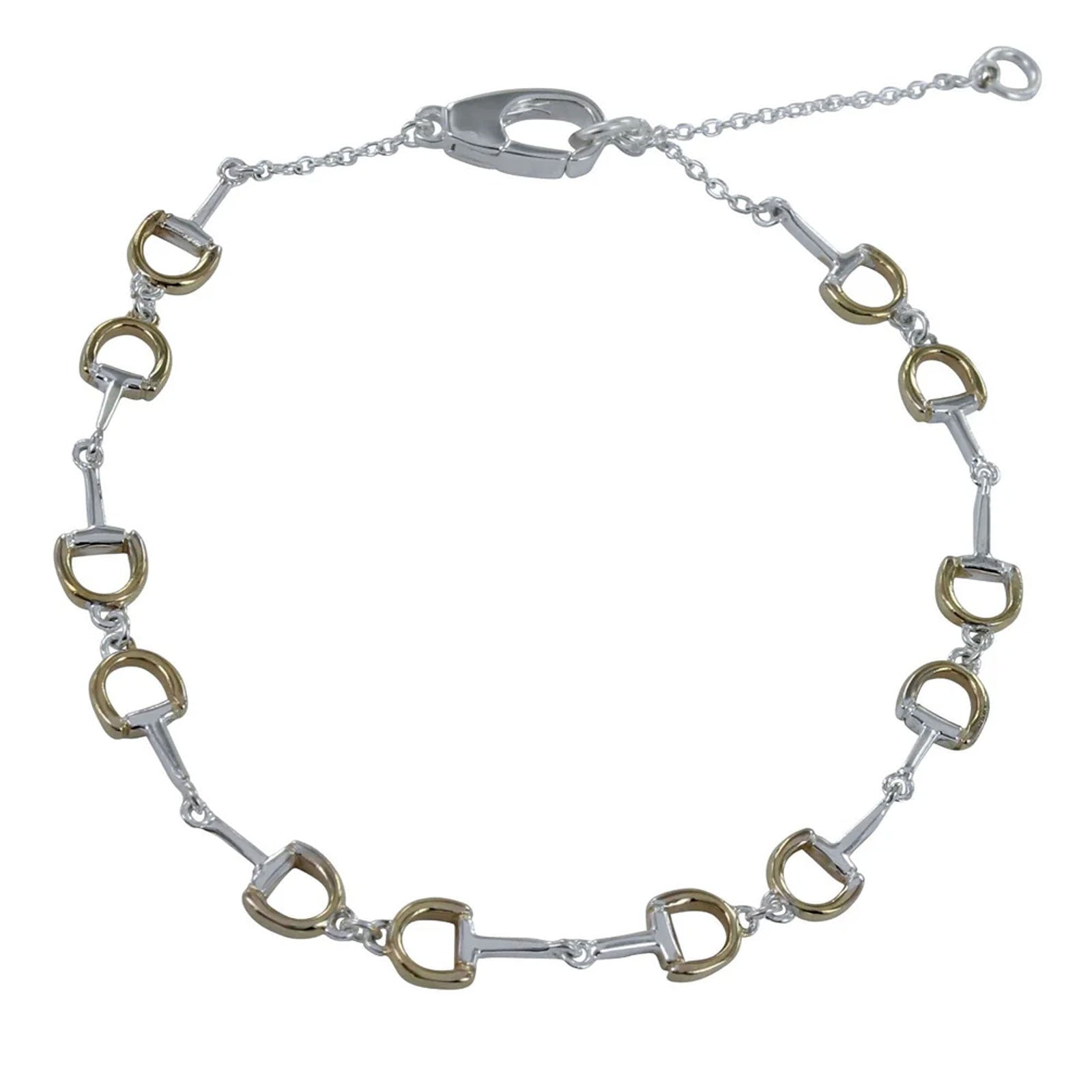 Bracelet with silver and gold horse bit links on a white background