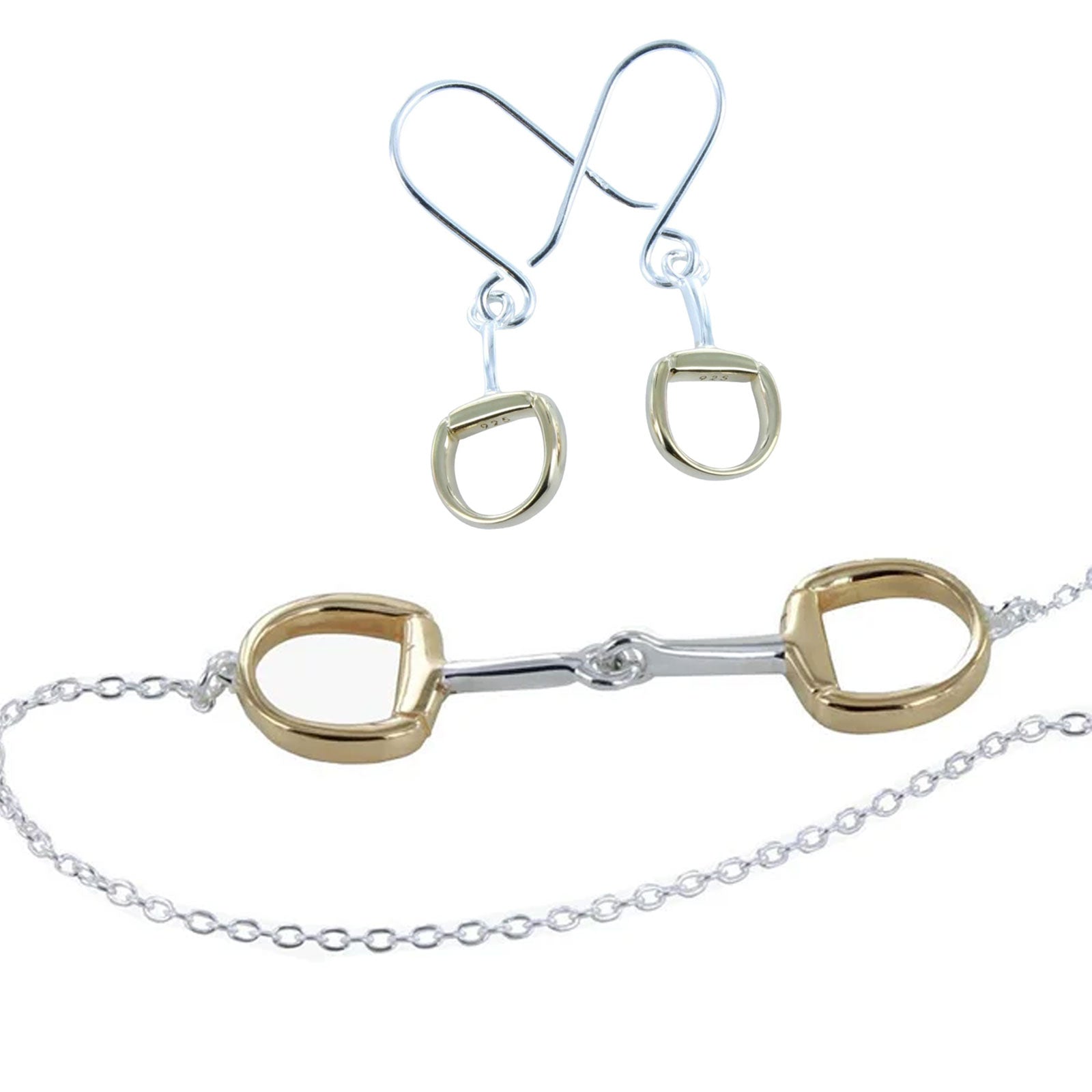 A jewellery set featuring a horse bit necklace and matching drop earrings. The horse bit has polished gold-toned rings connected by a silver-toned centre bar and chain, while the matching earrings have silver-toned fishhook wires and gold-toned oval drops.