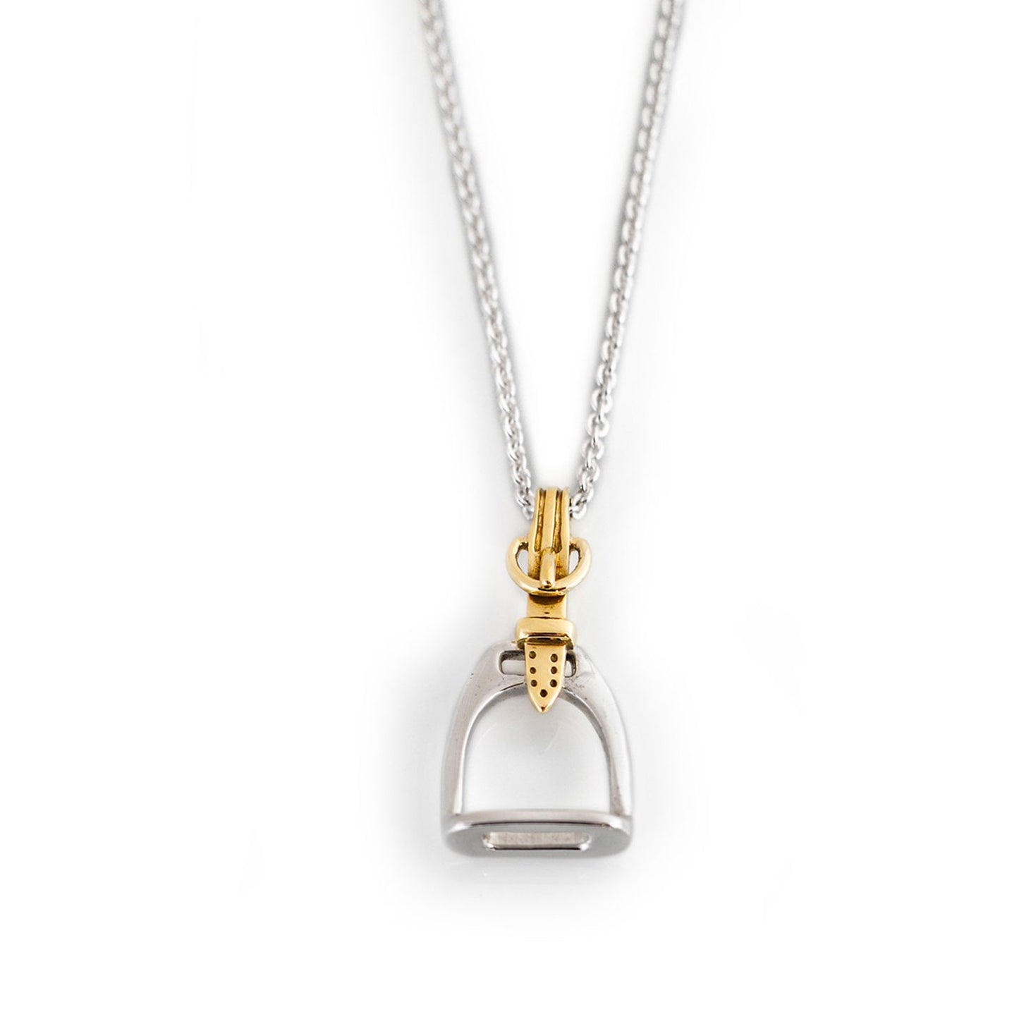 Silver and gold necklace with a horse stirrup pendant on a white background