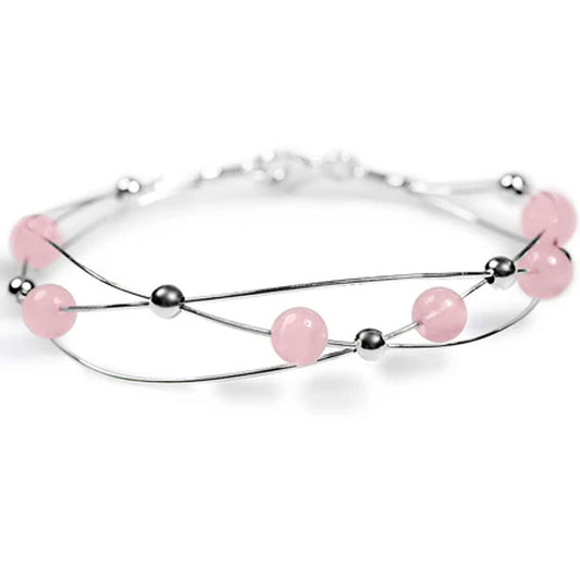 Weaved Sterling Silver and Rose Quartz Bangle - Cotswold Jewellery