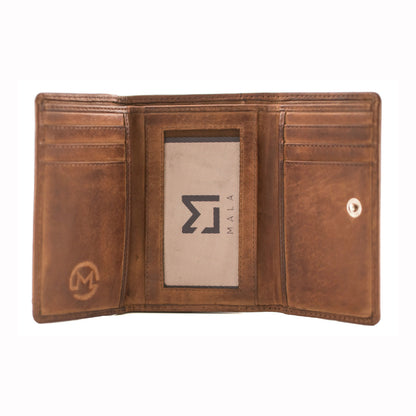 Brown leather wallet with visible brand logo on a white background