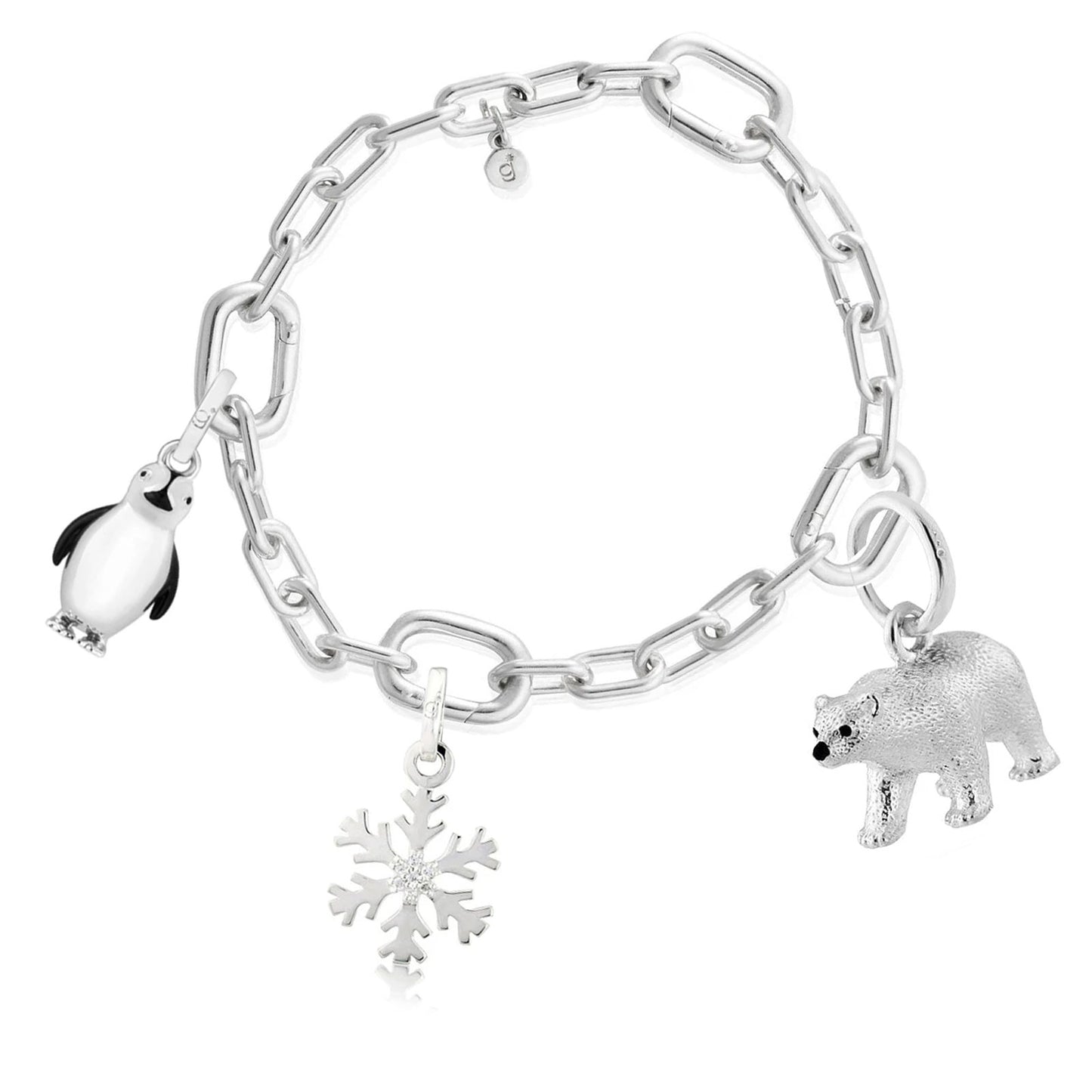 link charm bracelet with polar bear charm, pengion charm and snow flake charm on white background