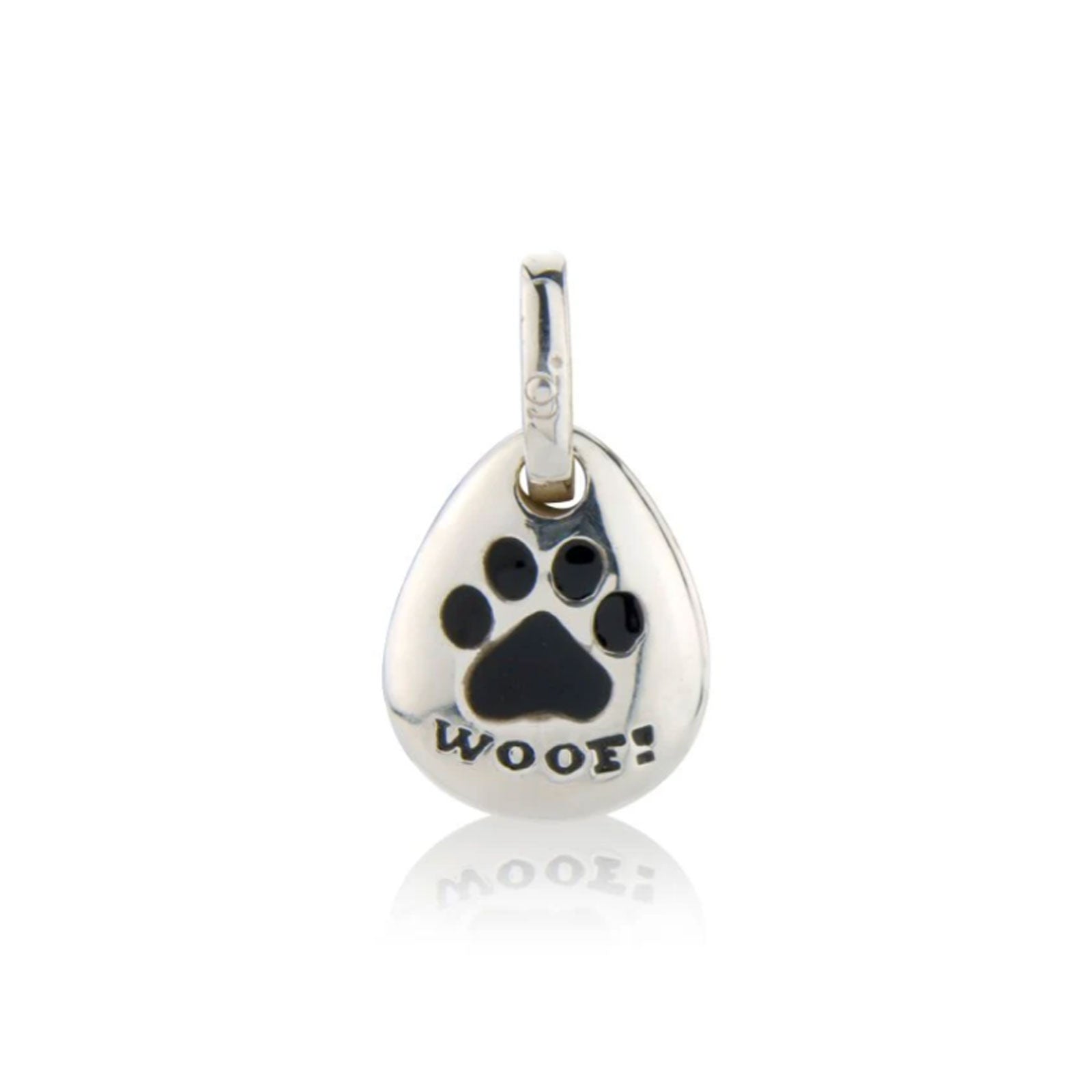 Silver pendant with paw print and 'WOOF!' text on a white background