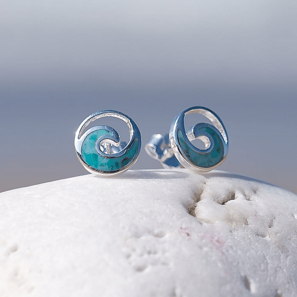 Wave Turquoise Sterling Silver & Turquoise Stone Earrings - Cotswold Jewellery